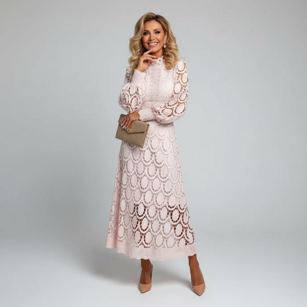 Women's Elegant Lace Midi Long Sleeve Dress High Mock Neck A-Line - Light Pink