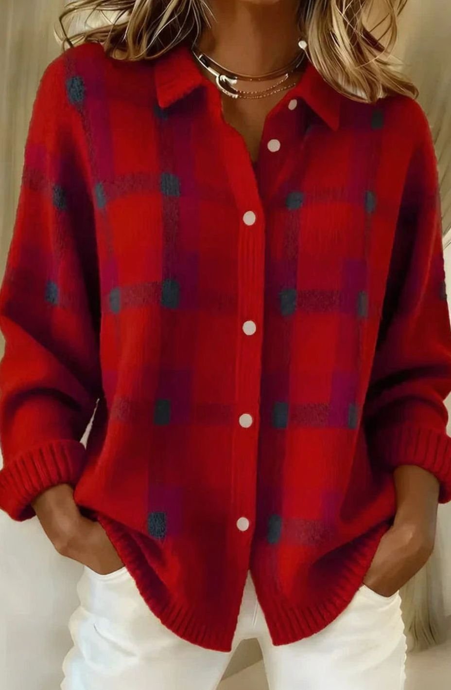 Women's Elegant Long Cardigan Sweater Button-Front Plaid Knit - Red
