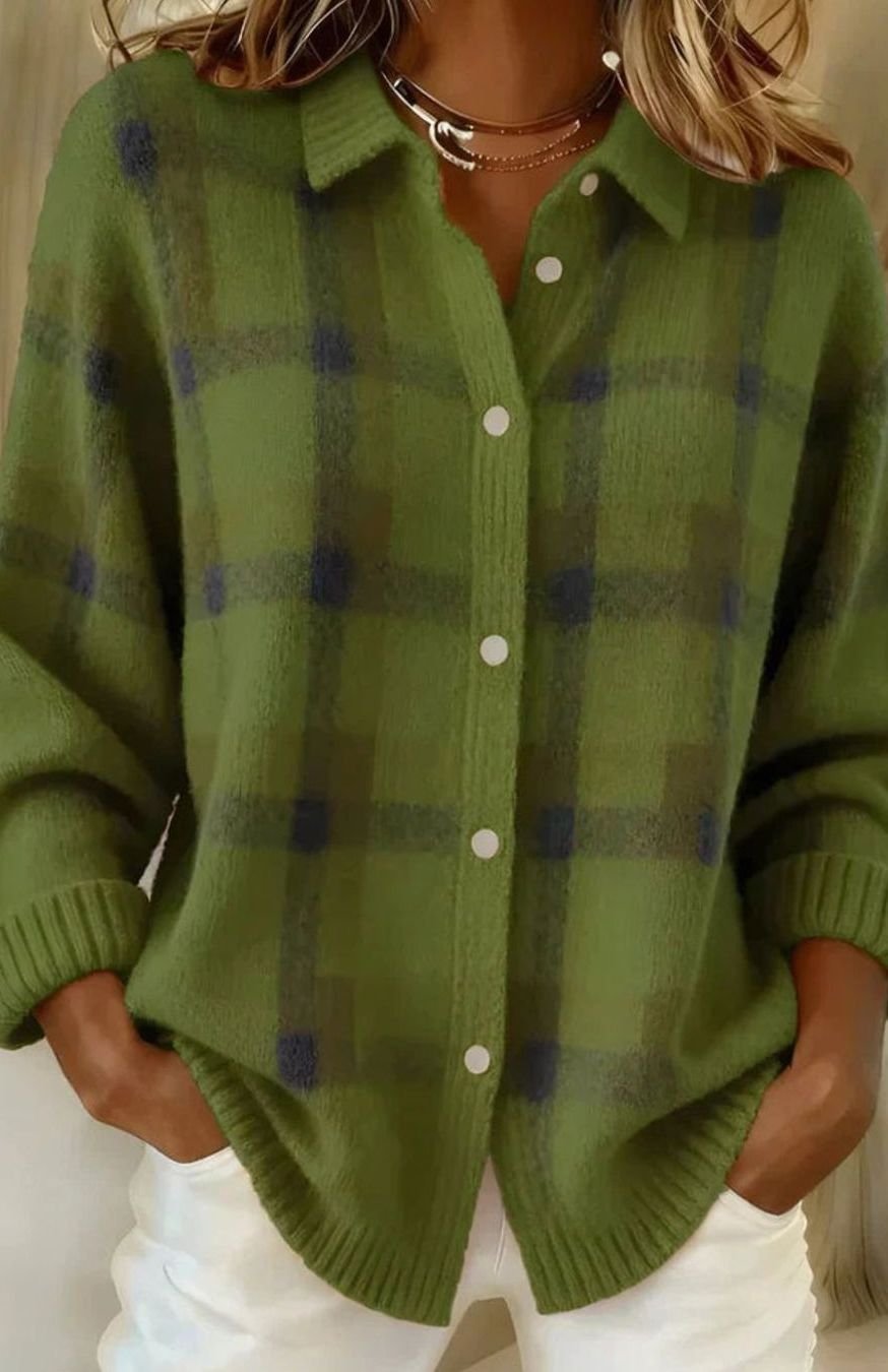 Women's Elegant Long Cardigan Sweater Button-Front Plaid Knit - Green