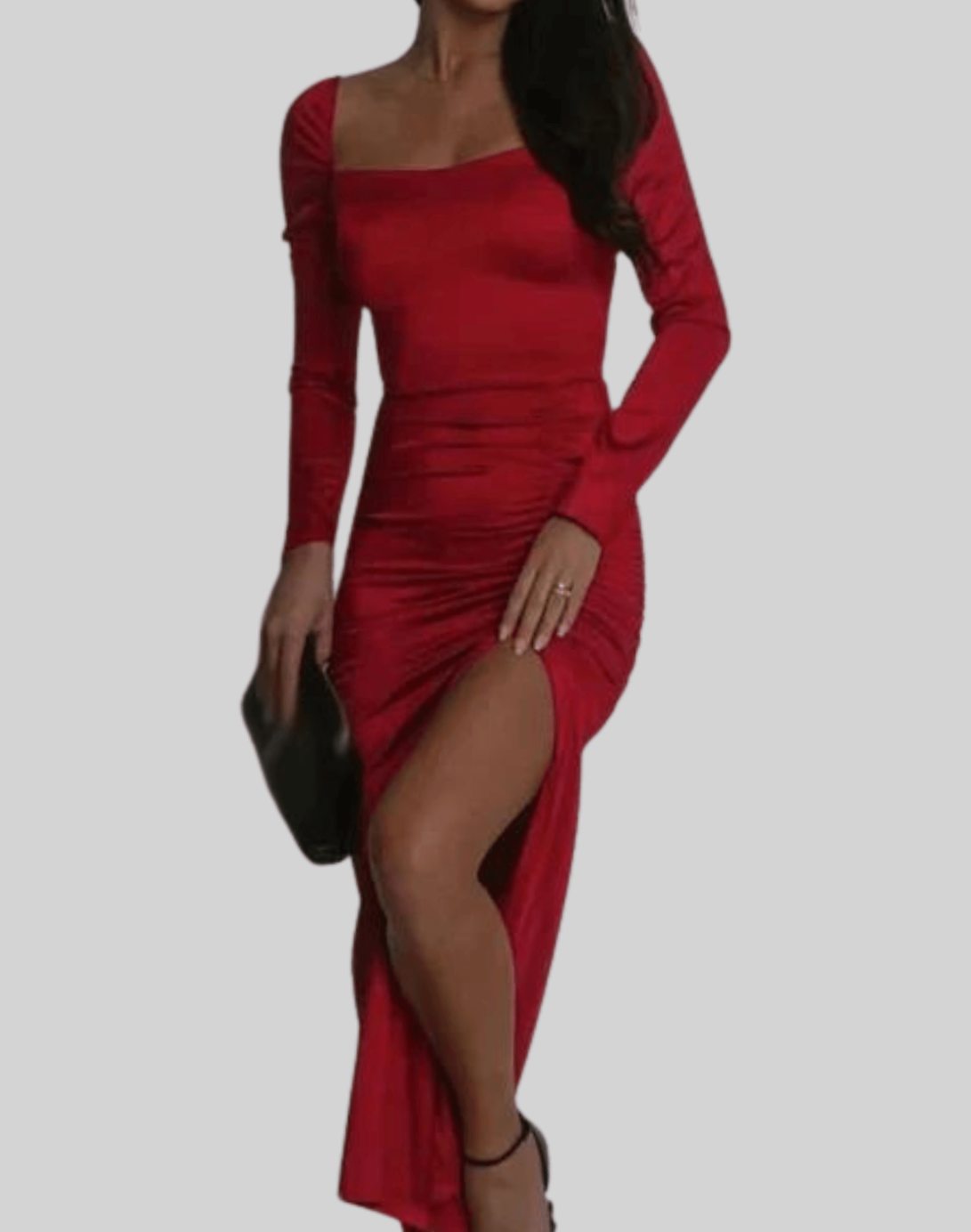 Women's Elegant Ruched Long-Sleeve Square-Neck Midi Dress Slit - Red