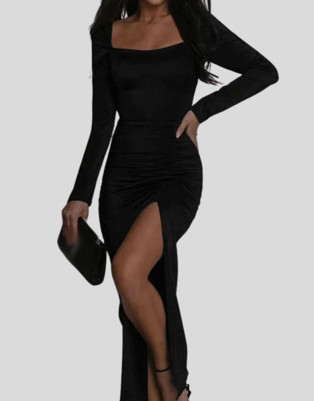 Women's Elegant Ruched Long-Sleeve Square-Neck Midi Dress Slit - Black