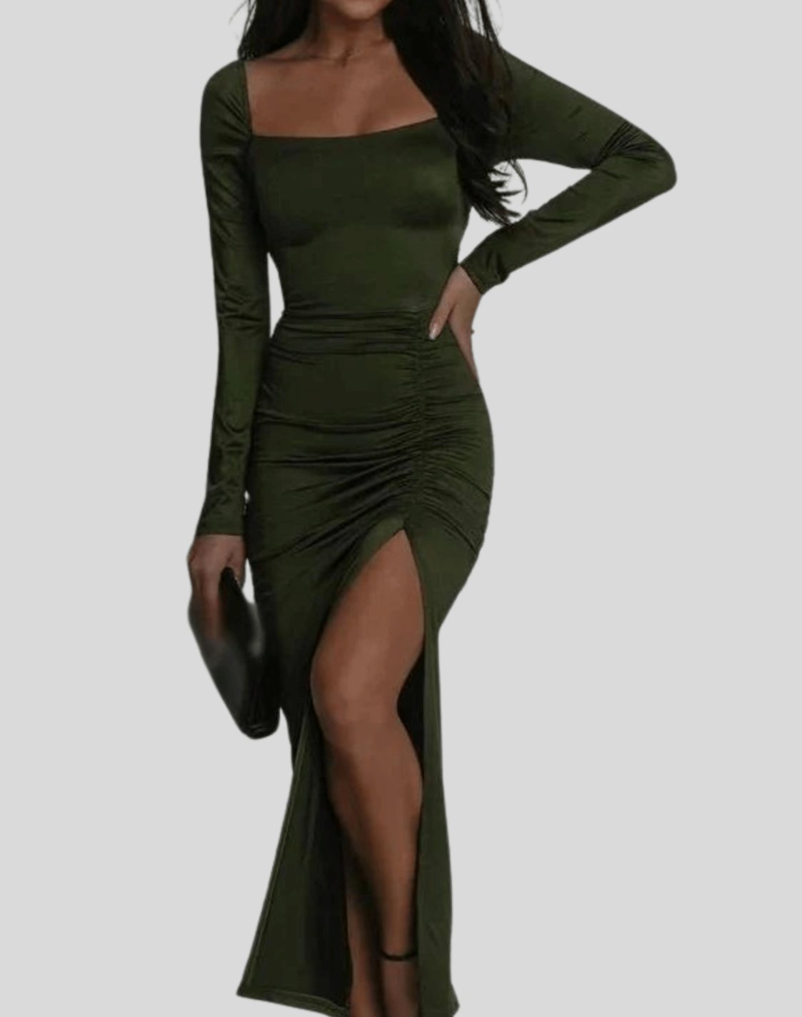 Women's Elegant Ruched Long-Sleeve Square-Neck Midi Dress Slit - Green