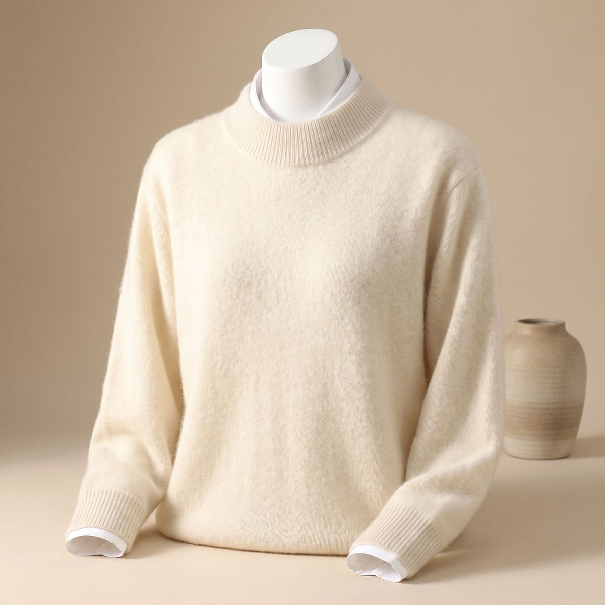 Women's Elegant Soft-Knit Ribbed Crew-Neck Jumper - Cream