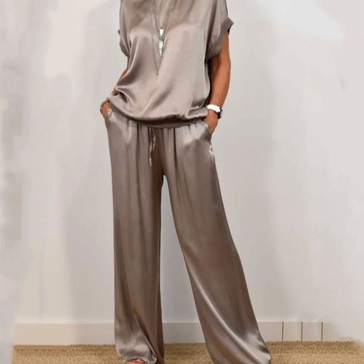 Women's Elegant Two-Piece Sets Satin Wide-Leg Trousers Cap-Sleeve Top Co-Ord - Grey