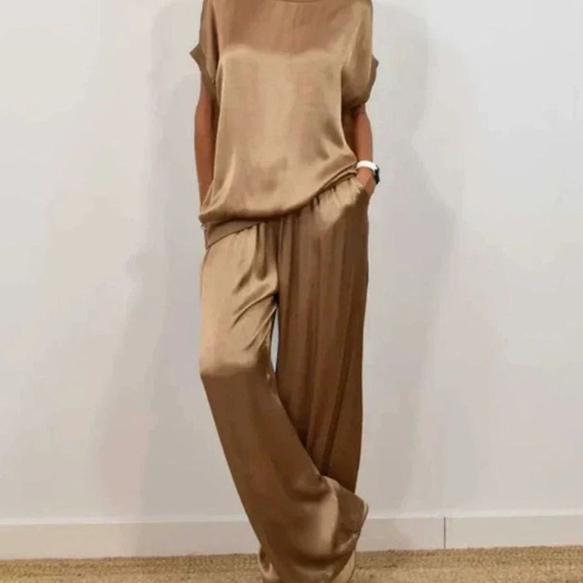 Women's Elegant Two-Piece Sets Satin Wide-Leg Trousers Cap-Sleeve Top Co-Ord - Brown