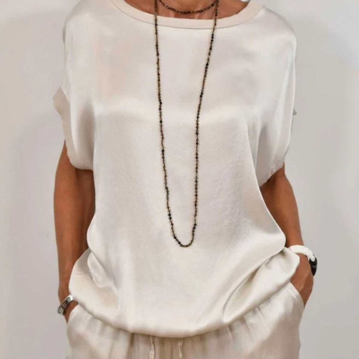 Women's Elegant Two-Piece Sets Satin Wide-Leg Trousers Cap-Sleeve Top Co-Ord