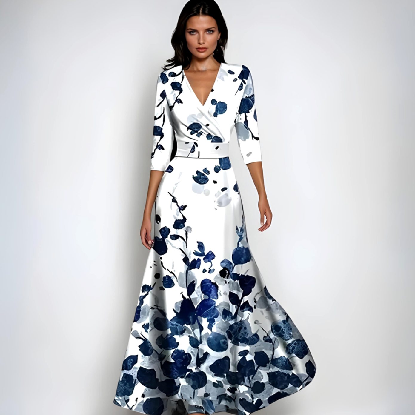 Women's Elegant V-Neck Wrap Floral Dress Three-Quarter Sleeve Maxi