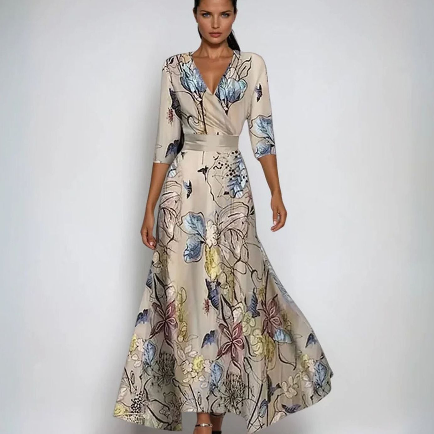 Women's Elegant V-Neck Wrap Floral Dress Three-Quarter Sleeve Maxi
