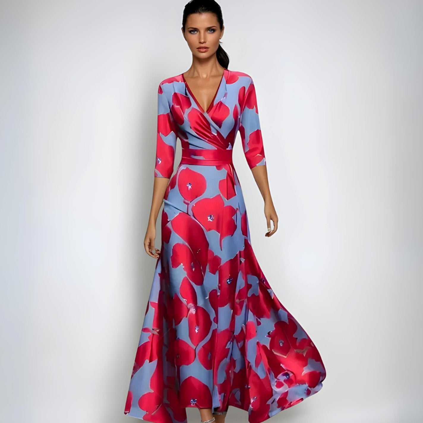 Women's Elegant V-Neck Wrap Floral Dress Three-Quarter Sleeve Maxi - Red/Blue