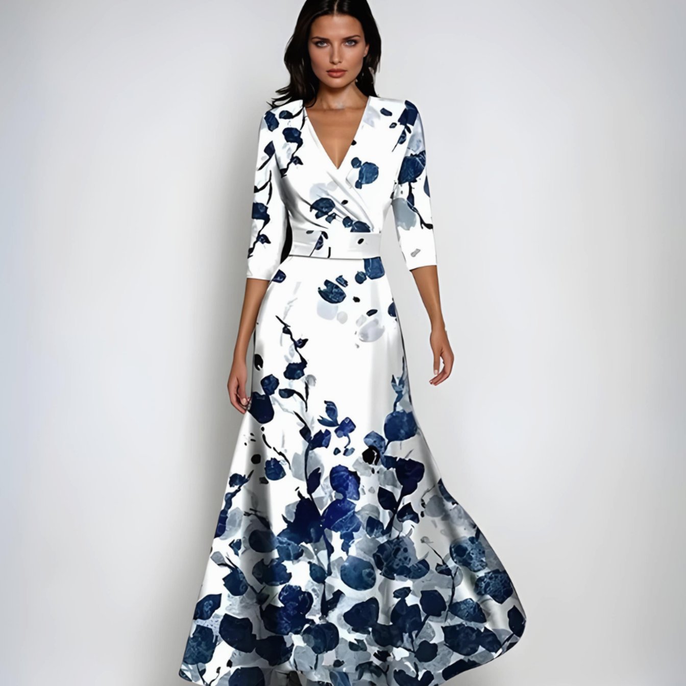 Women's Elegant V-Neck Wrap Floral Dress Three-Quarter Sleeve Maxi - White/Blue