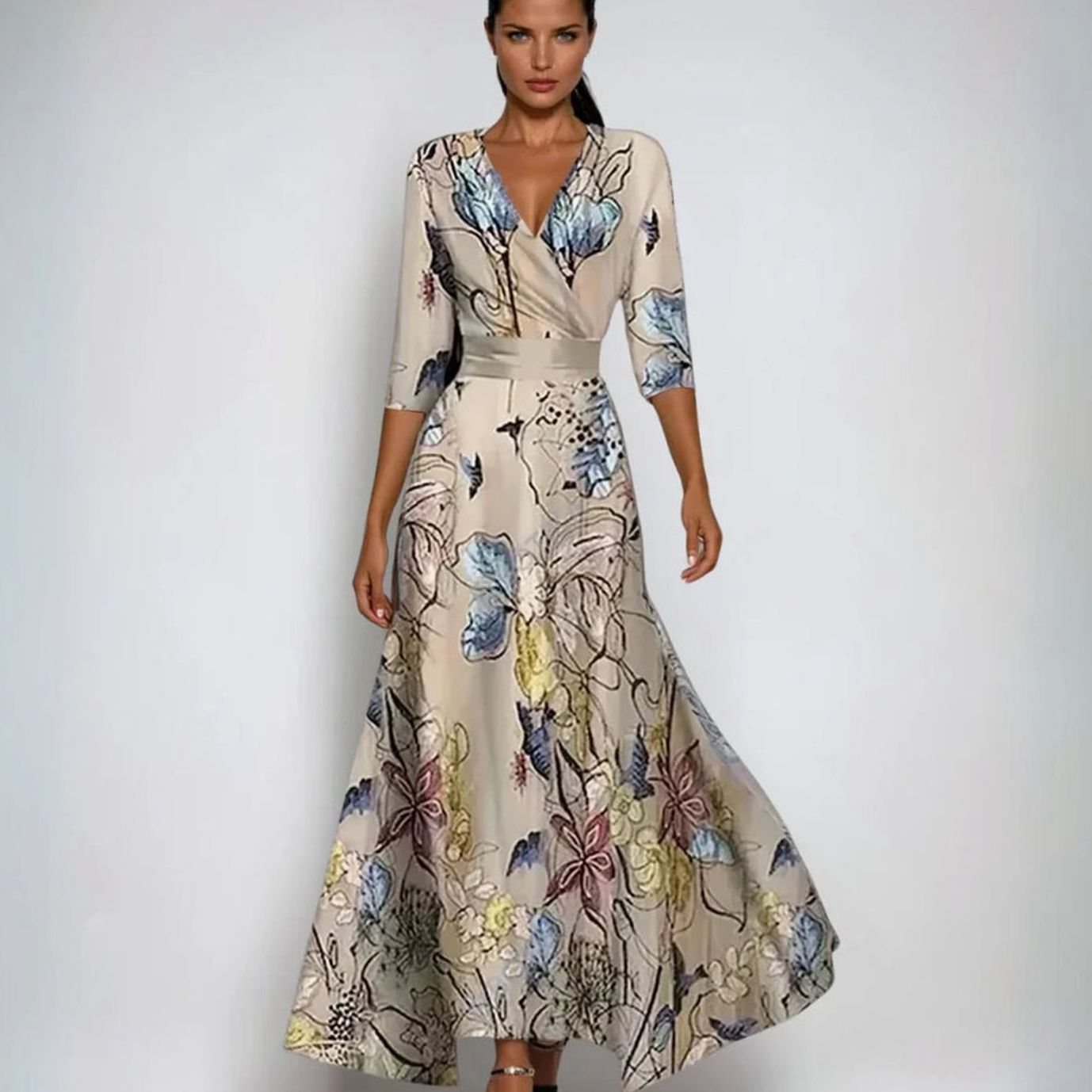 Women's Elegant V-Neck Wrap Floral Dress Three-Quarter Sleeve Maxi - Sand/Beige