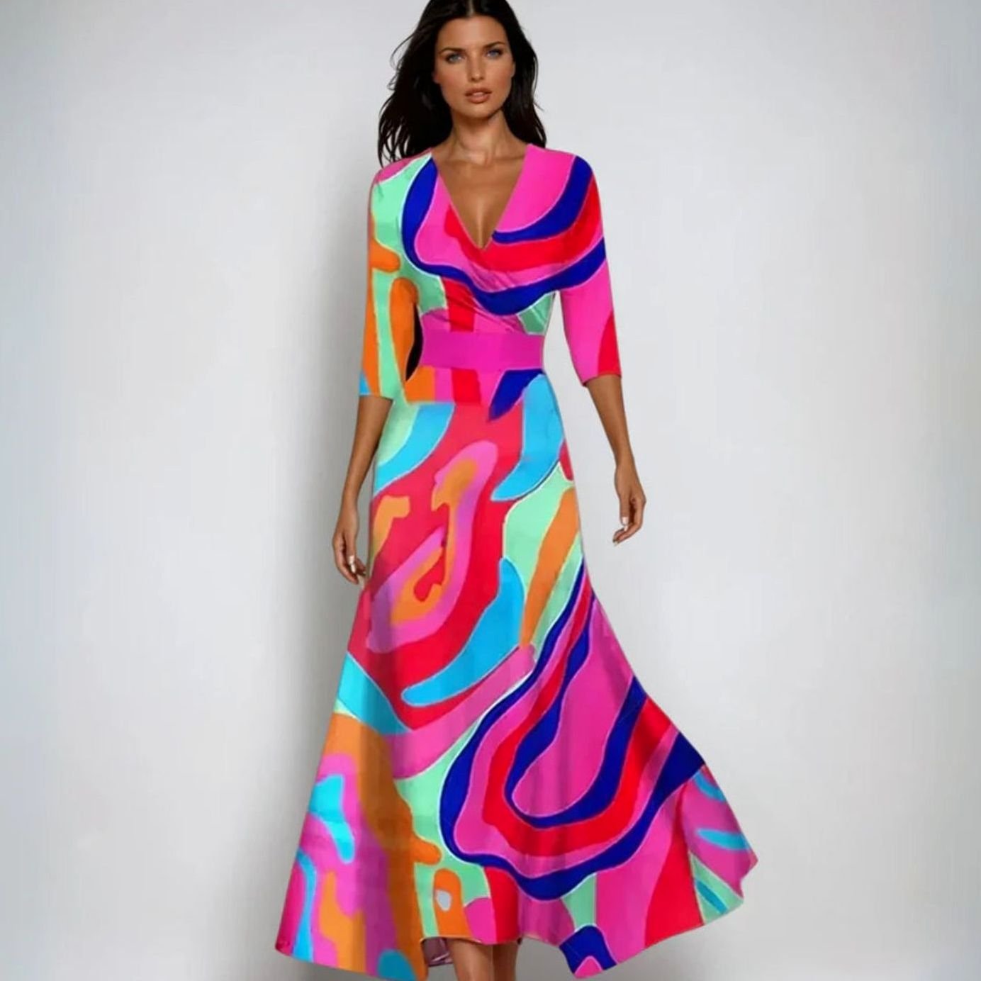 Women's Elegant V-Neck Wrap Floral Dress Three-Quarter Sleeve Maxi - Multicolour