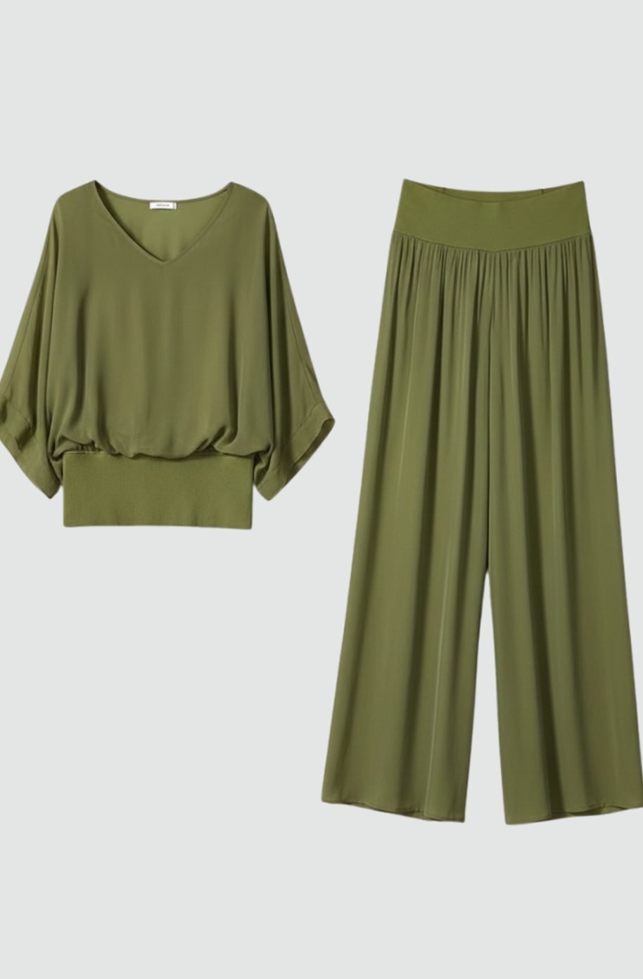 Women's Elegant Wide-Leg Two-Piece Blouson Top Trouser Set