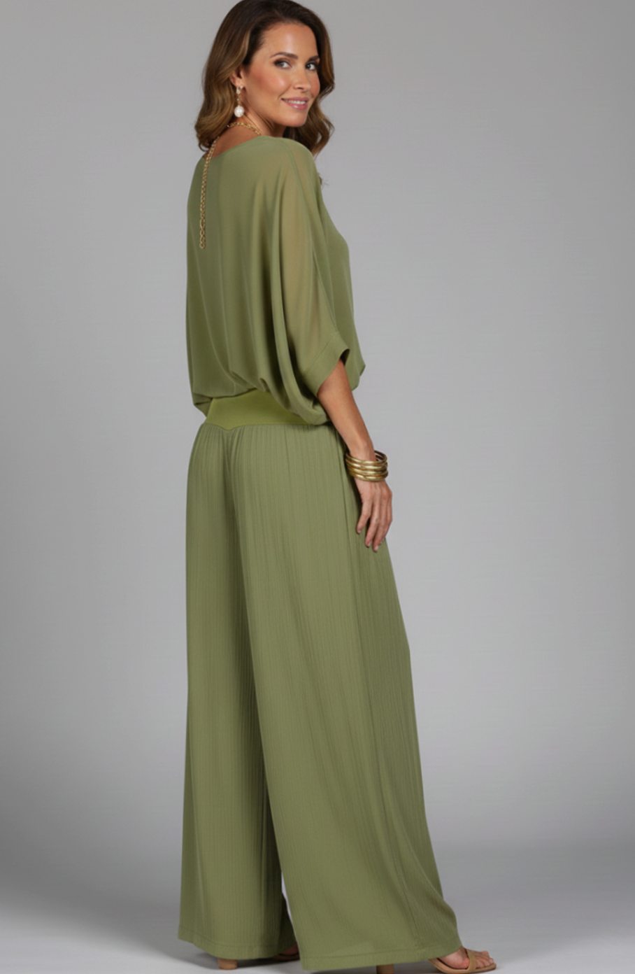 Women's Elegant Wide-Leg Two-Piece Blouson Top Trouser Set
