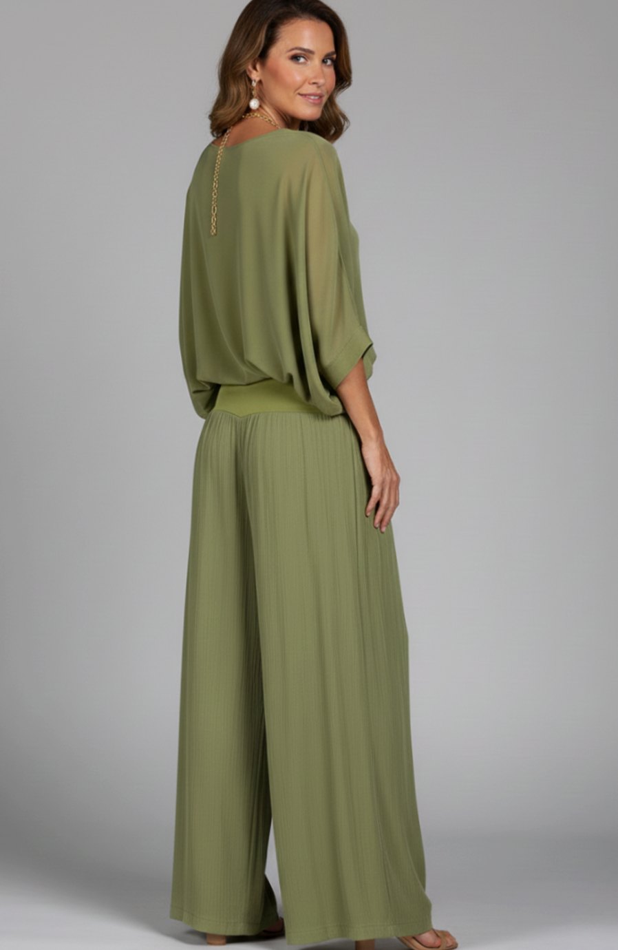 Women's Elegant Wide-Leg Two-Piece Blouson Top Trouser Set