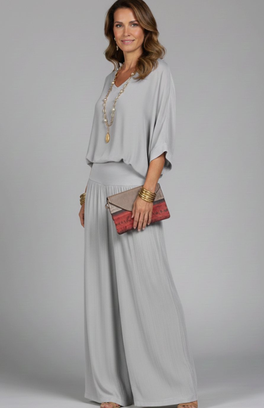 Women's Elegant Wide-Leg Two-Piece Blouson Top Trouser Set - Grey