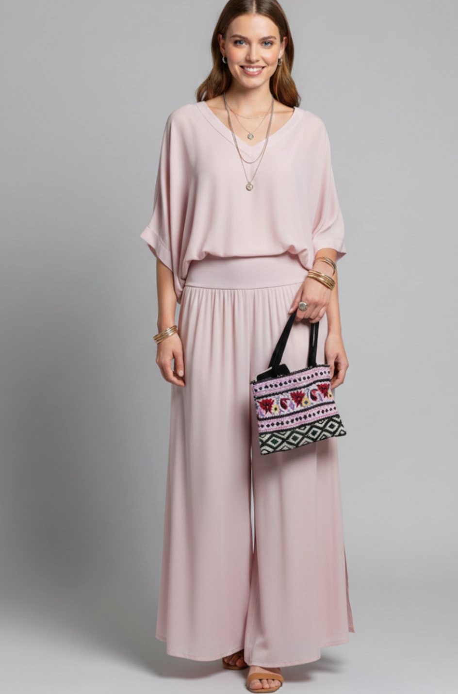 Women's Elegant Wide-Leg Two-Piece Blouson Top Trouser Set - Pink