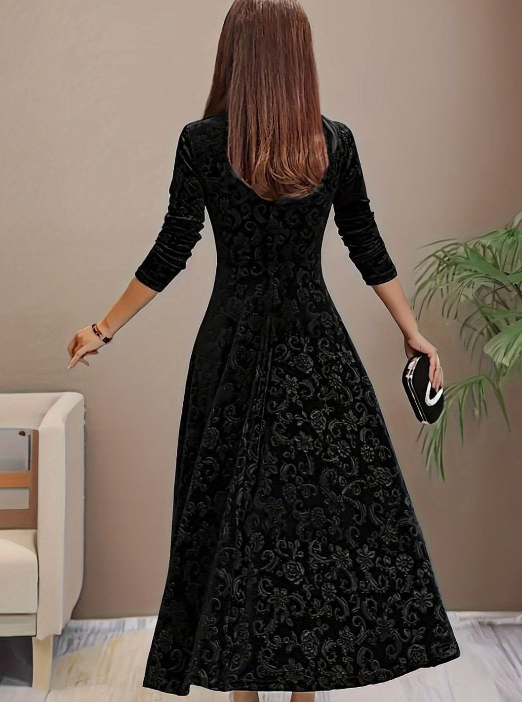 Women's Embossed Velvet A-Line Christmas Party Dress Square Neck