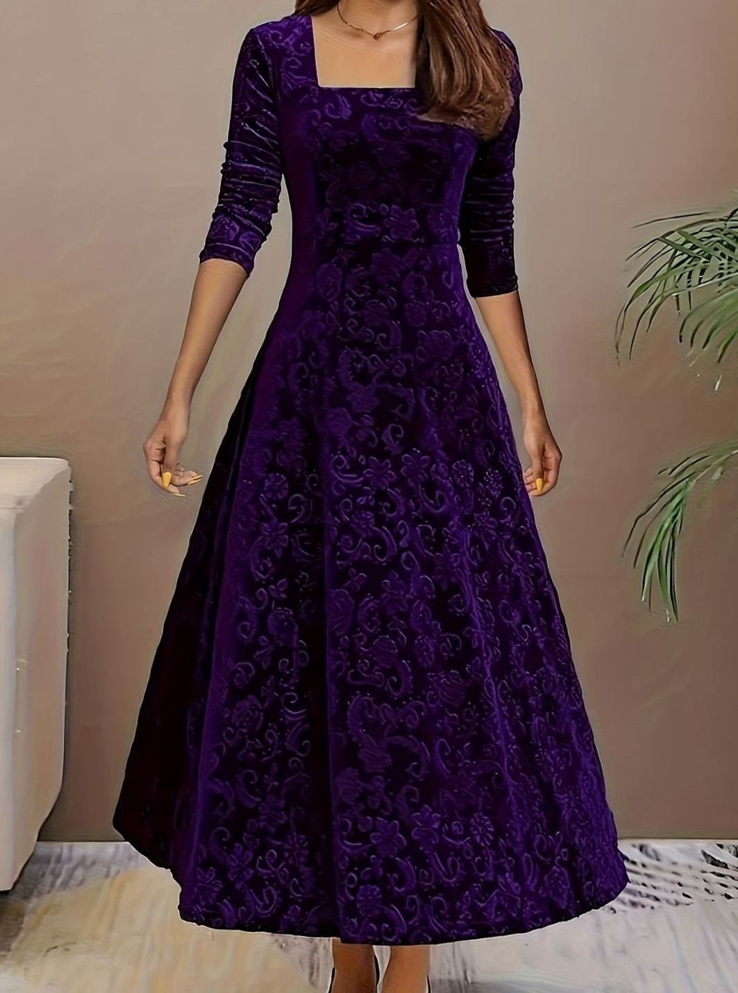 Women's Embossed Velvet A-Line Christmas Party Dress Square Neck - Purple