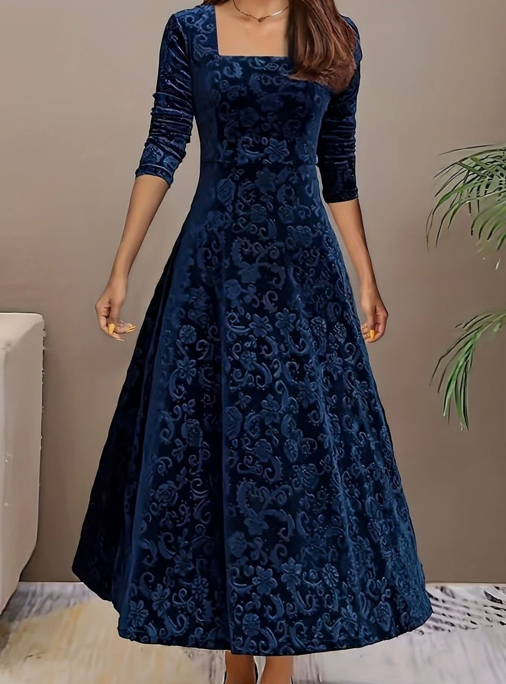 Women's Embossed Velvet A-Line Christmas Party Dress Square Neck - Blue