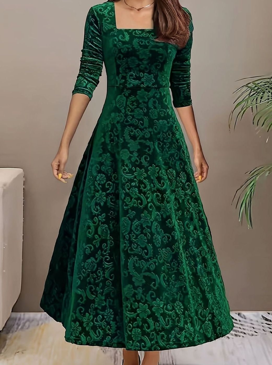 Women's Embossed Velvet A-Line Christmas Party Dress Square Neck - Green