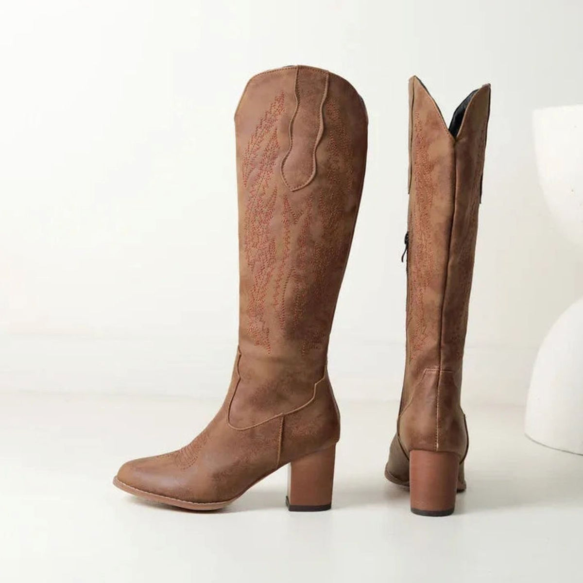 Women's Embroidered Faux Leather Knee High Cowboy Boots - Tan Brown