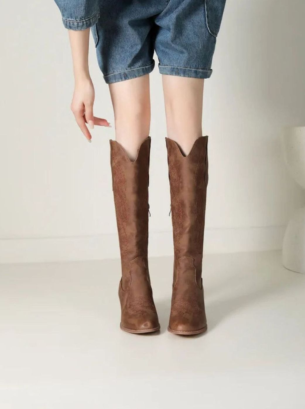 Women's Embroidered Faux Leather Knee High Cowboy Boots
