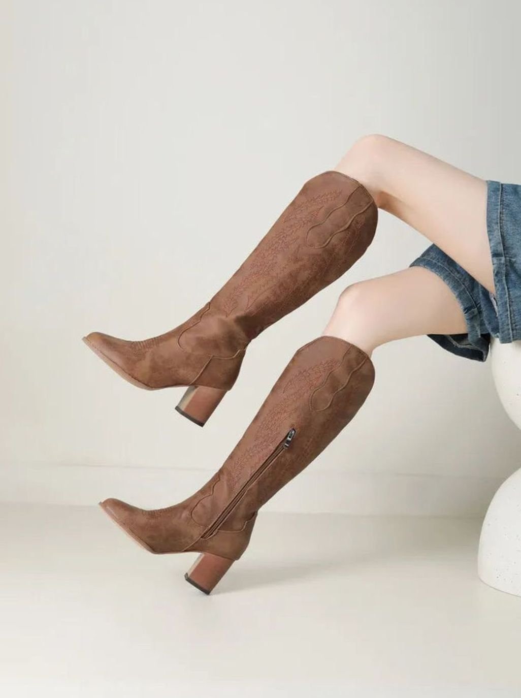 Women's Embroidered Faux Leather Knee High Cowboy Boots