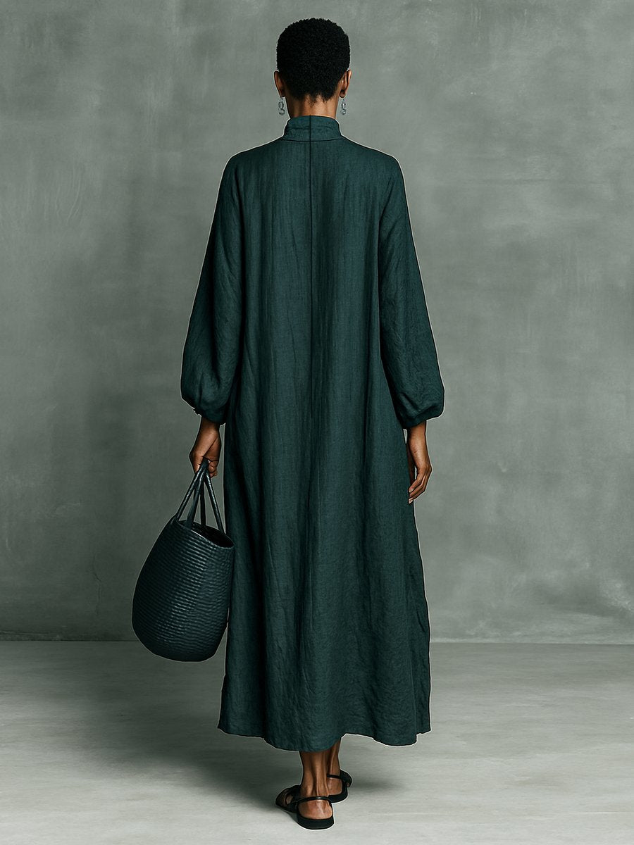 Women's Embroidered High-Neck Linen Maxi Long Sleeve Dress