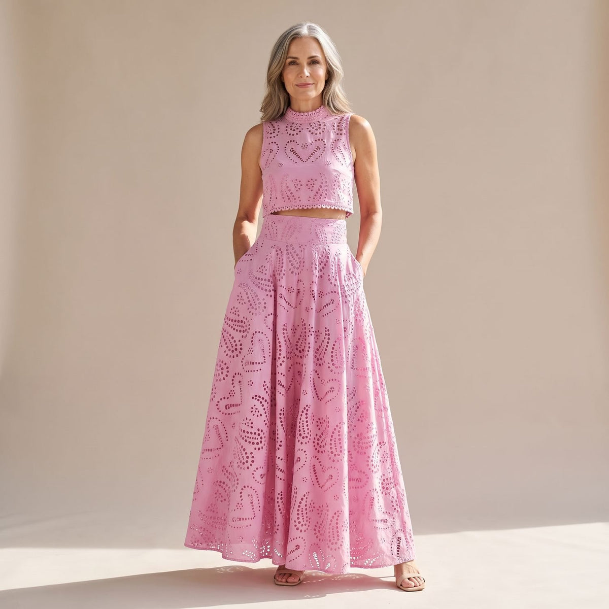 Women's Eyelet Embroidered Sleeveless Crop Top Maxi Skirt Coord Set - Pink