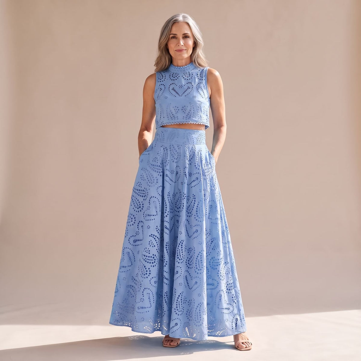 Women's Eyelet Embroidered Sleeveless Crop Top Maxi Skirt Coord Set