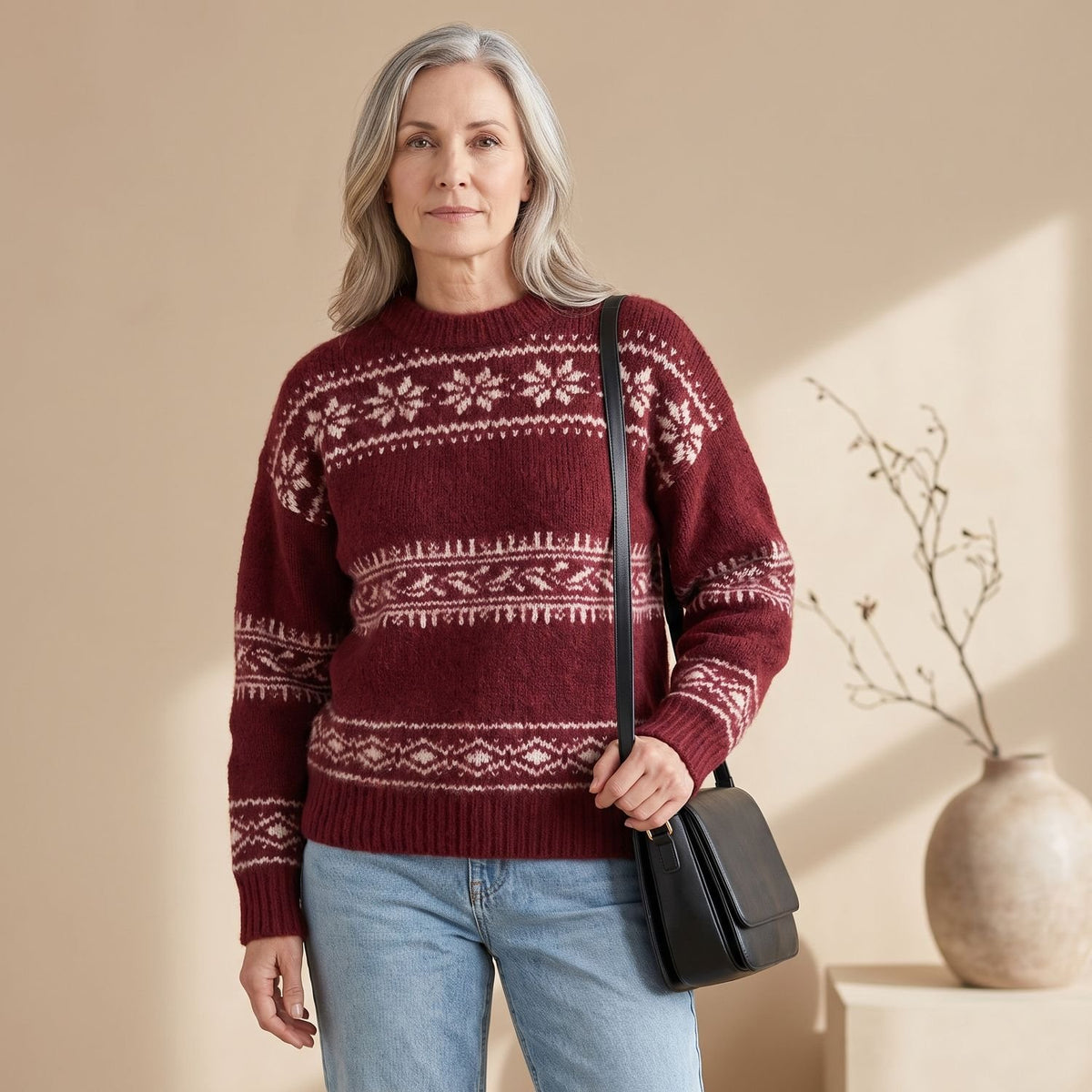 Women's Fair Isle Jumper Relaxed-Fit Long-Sleeve Crew Neck Knit
