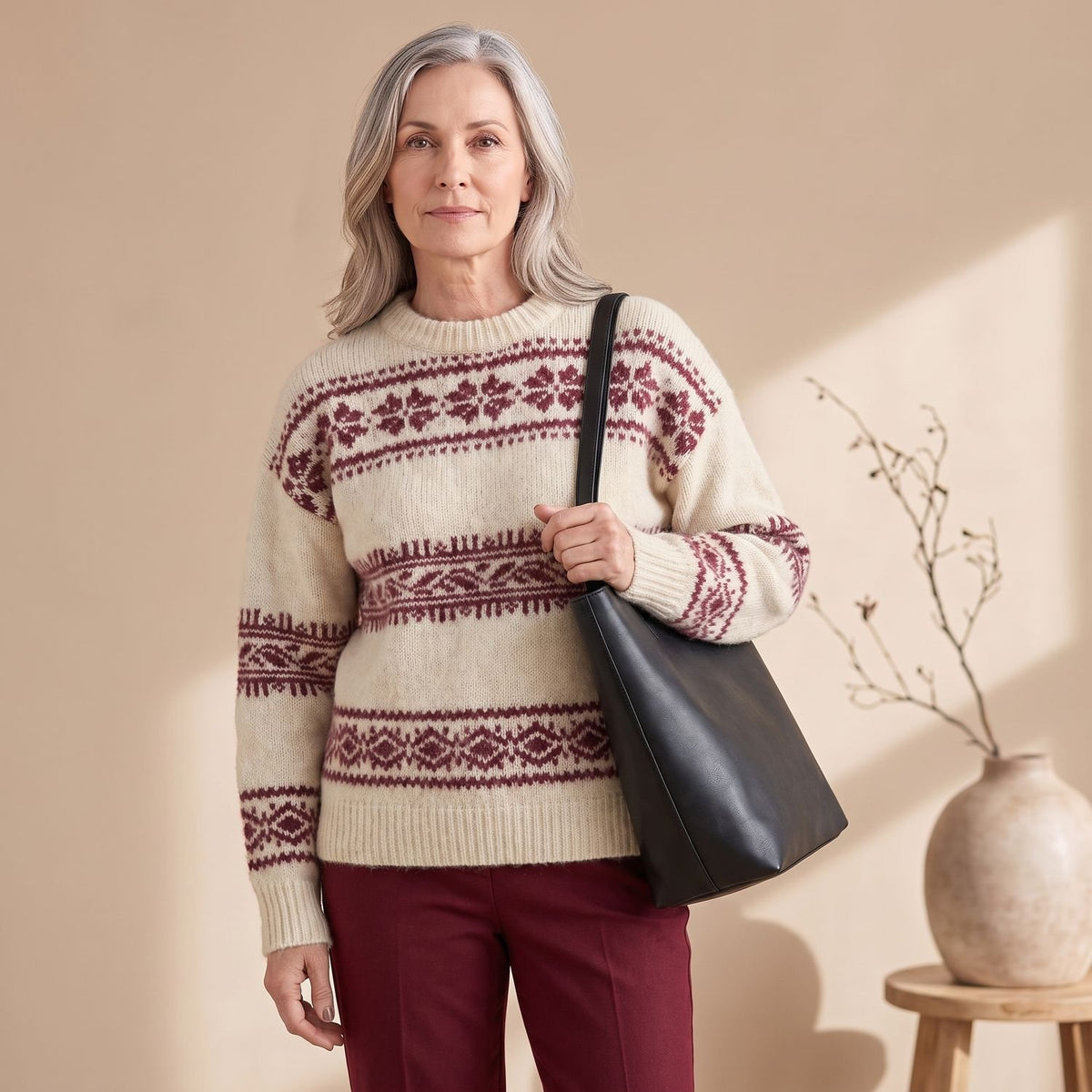 Women's Fair Isle Jumper Relaxed-Fit Long-Sleeve Crew Neck Knit