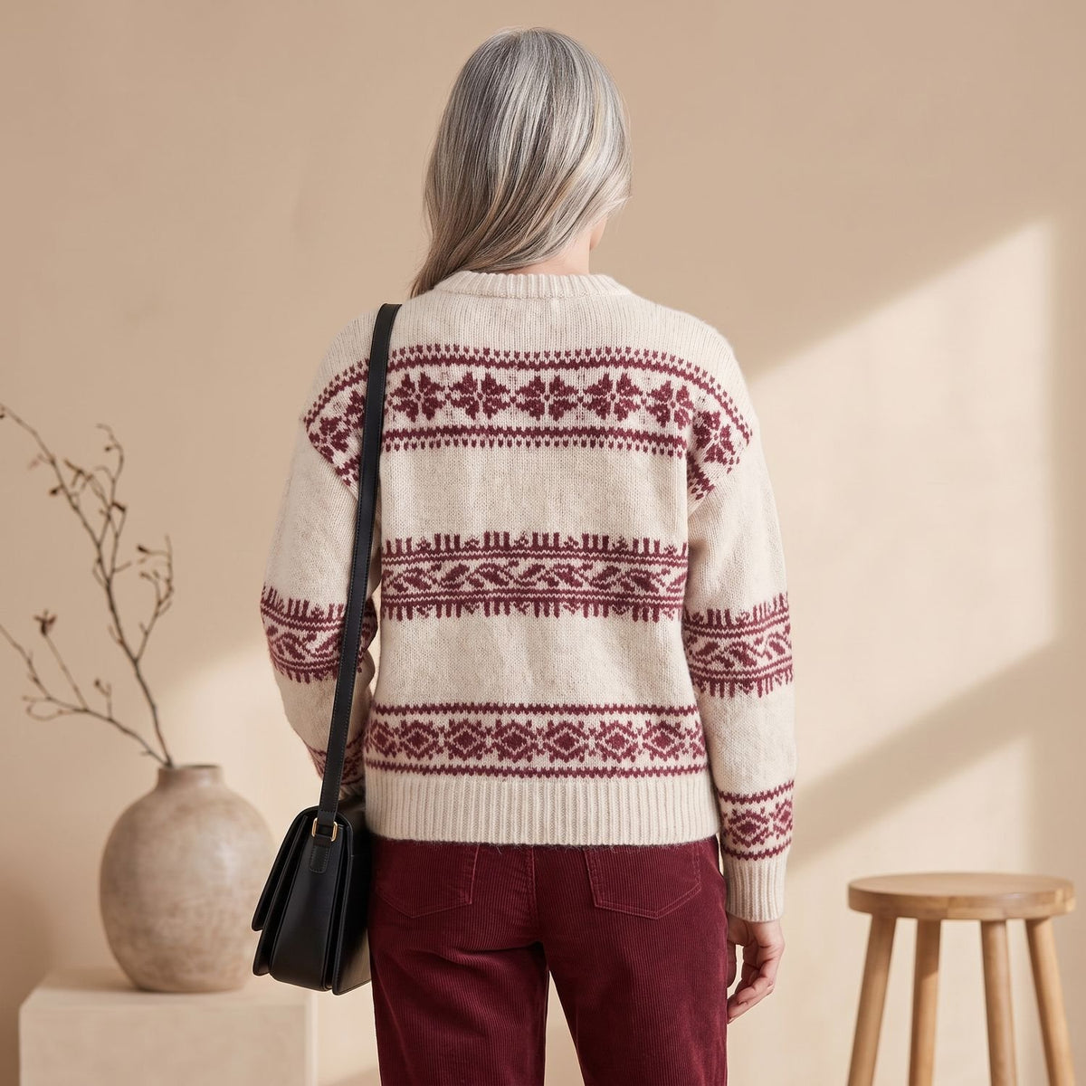 Women's Fair Isle Jumper Relaxed-Fit Long-Sleeve Crew Neck Knit