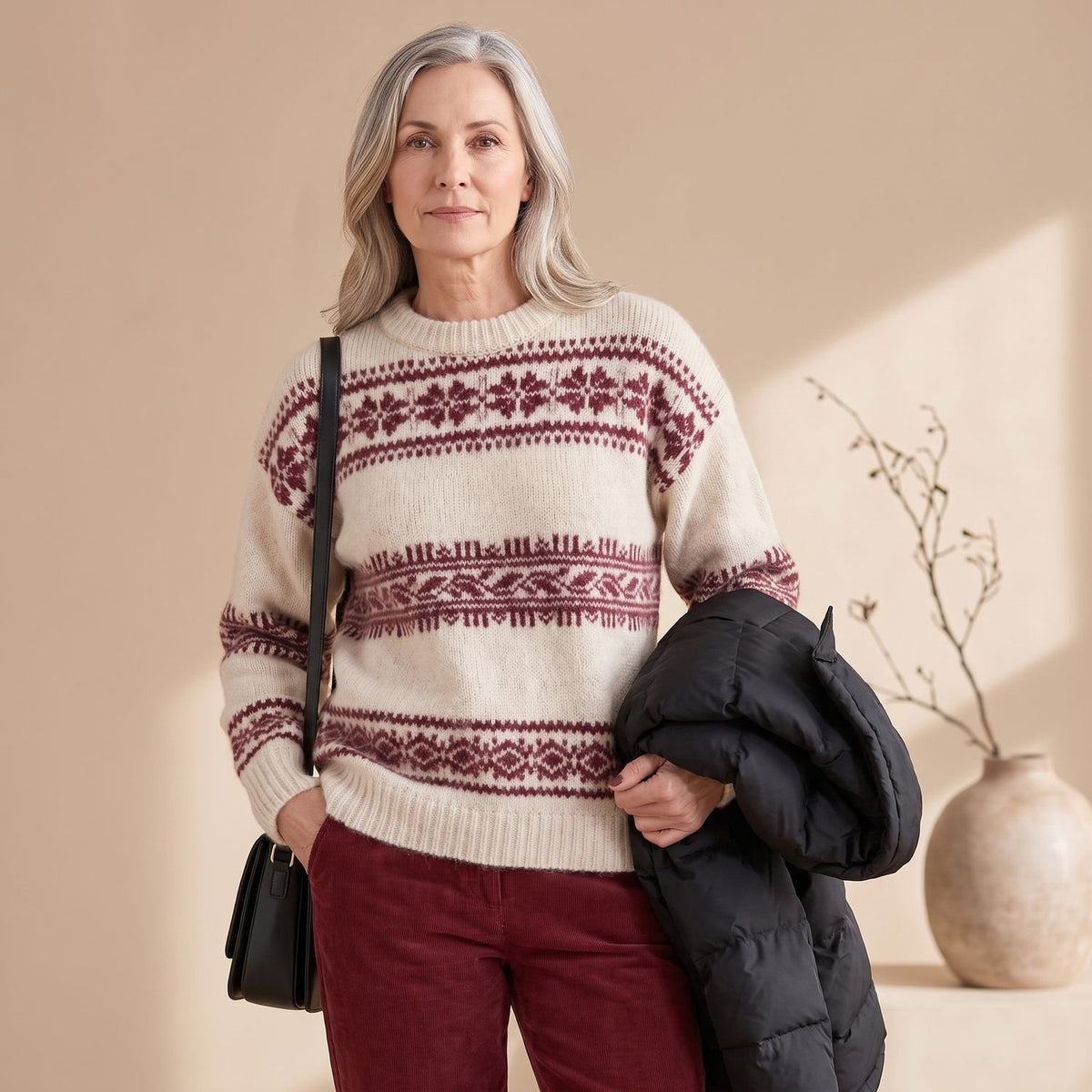 Women's Fair Isle Jumper Relaxed-Fit Long-Sleeve Crew Neck Knit