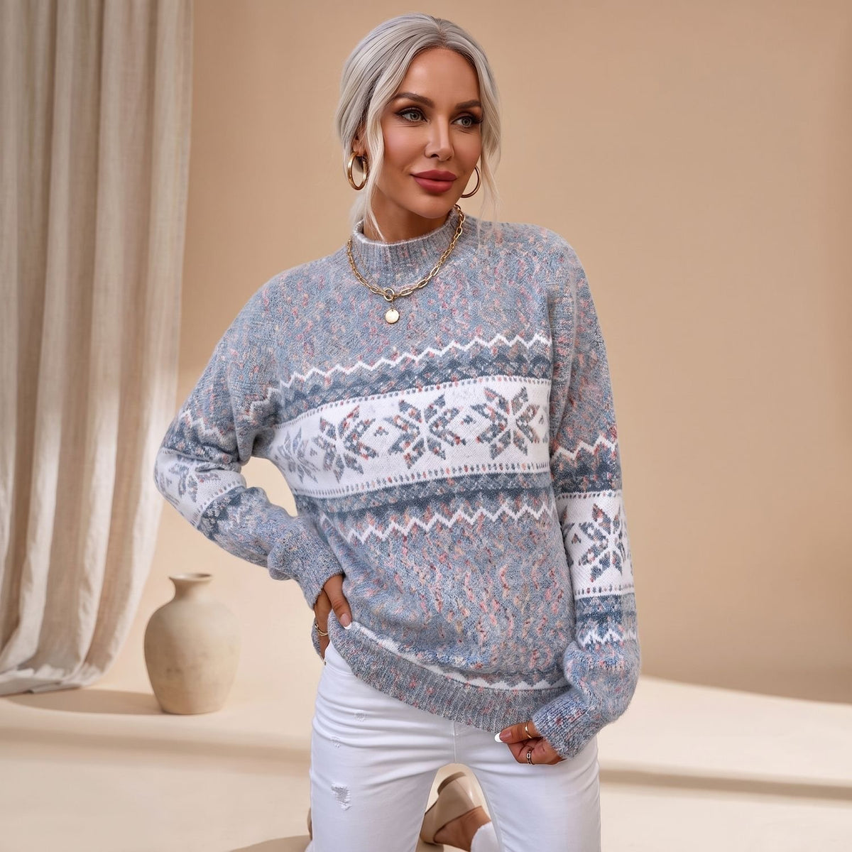 Women's Fair Isle Jumper Snowflake Knitted Pullover - Sky Blue