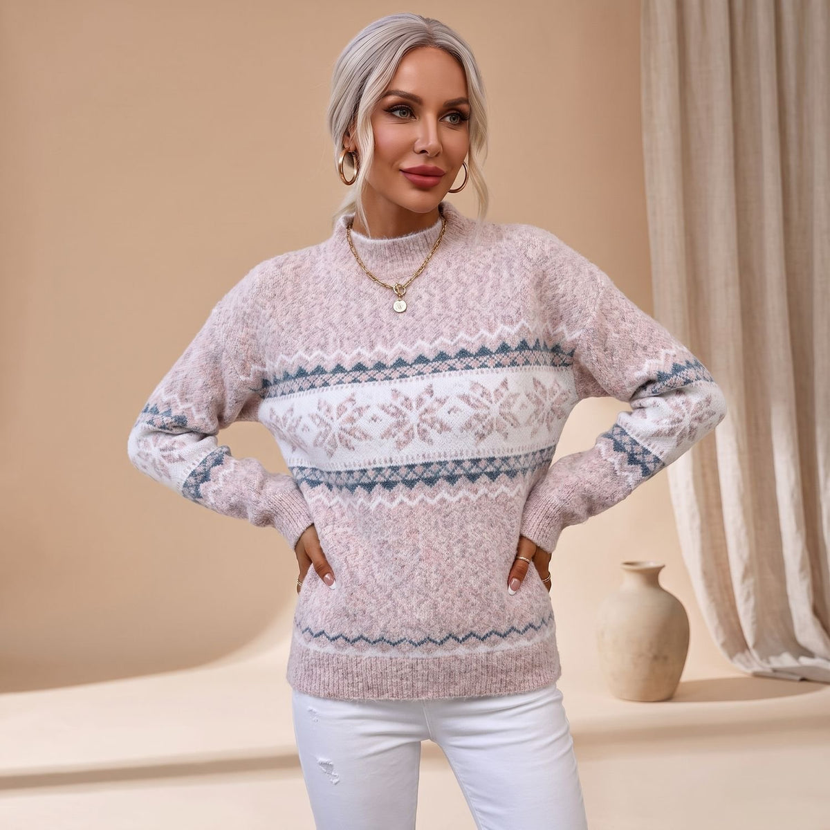 Women's Fair Isle Jumper Snowflake Knitted Pullover - Pink