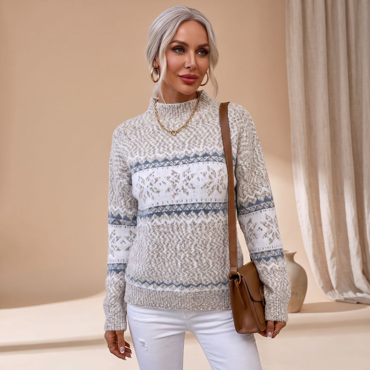 Women's Fair Isle Jumper Snowflake Knitted Pullover - Beige