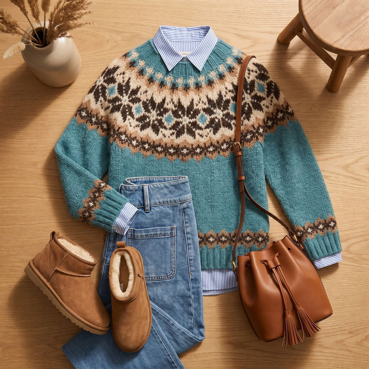 Women's Fair Isle Nordic Knit Crew-Neck Jumper - Blue