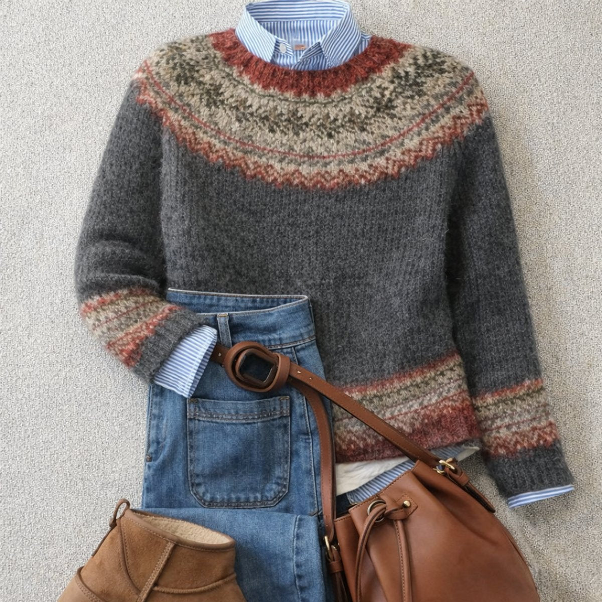 Women's Fair Isle Nordic Knit Relaxed Crew Neck Sweater - Gray