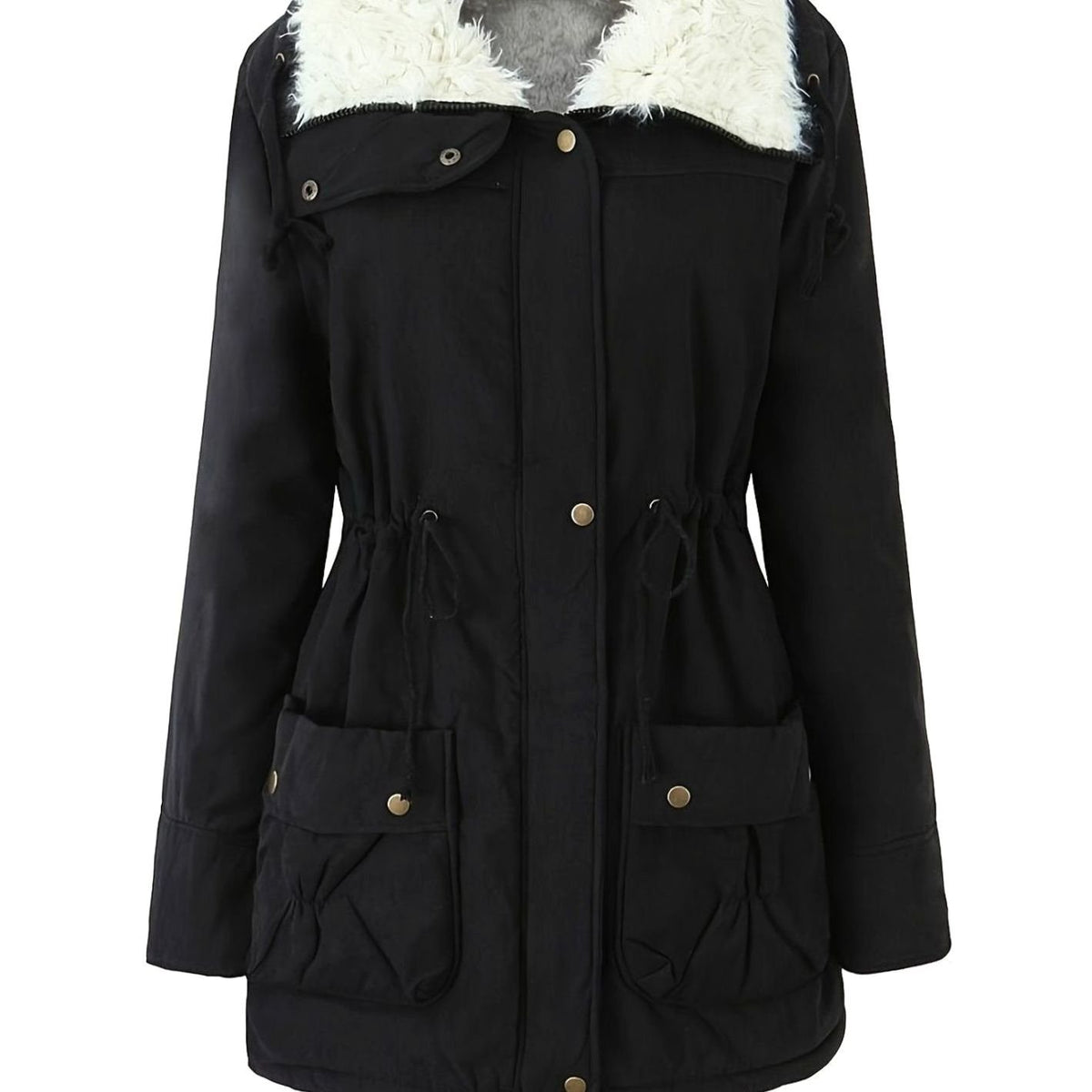 Women's Faux-Fur Collar Drawstring-Waist Winter Parka - Black