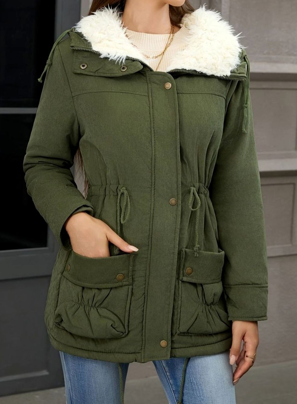 Women's Faux-Fur Collar Drawstring-Waist Winter Parka