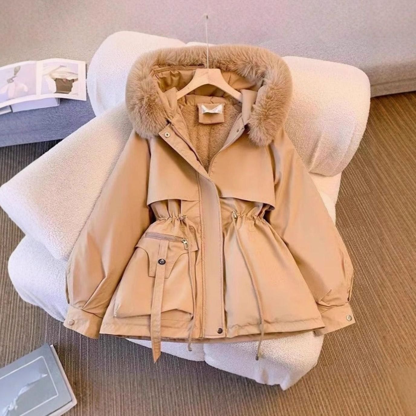Women's Faux Fur Hooded Drawstring Winter Coat - Khaki