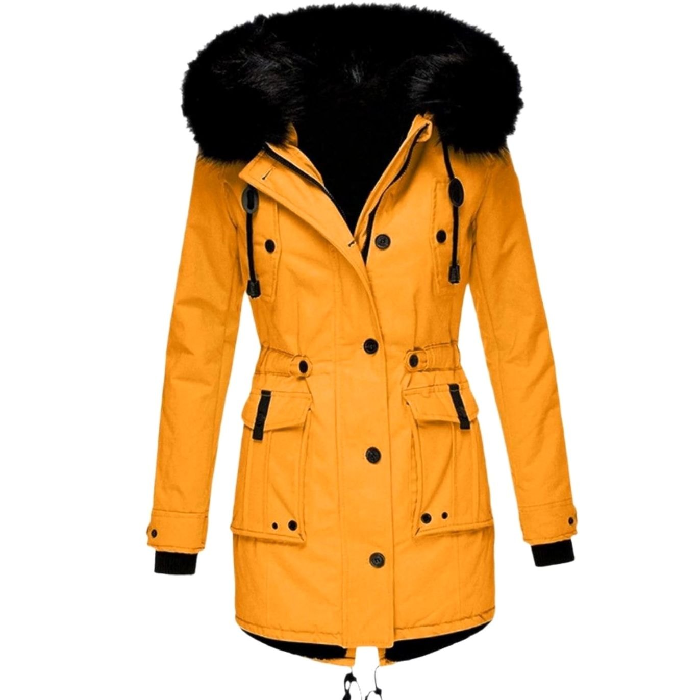 Women's Faux Fur Hooded Fitted Winter Coat Parka - Gold