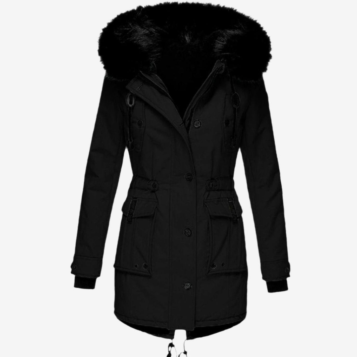 Women's Faux Fur Hooded Fitted Winter Coat Parka - Black