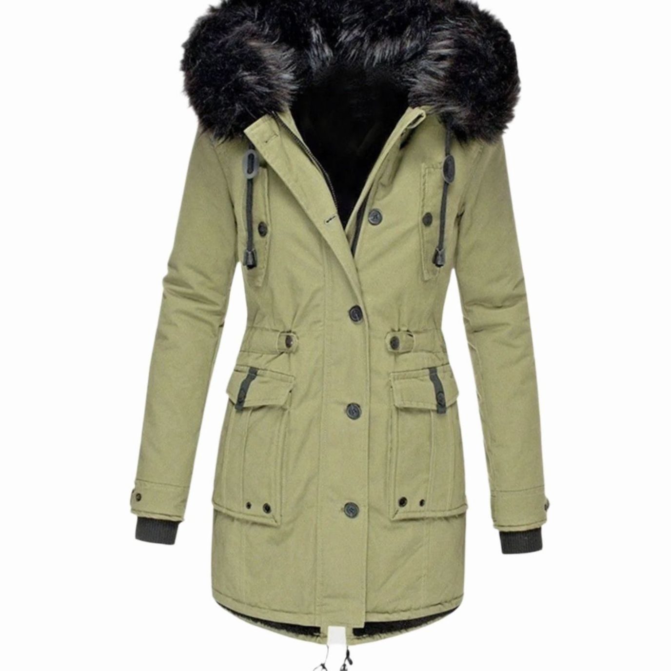 Women's Faux Fur Hooded Fitted Winter Coat Parka - Green