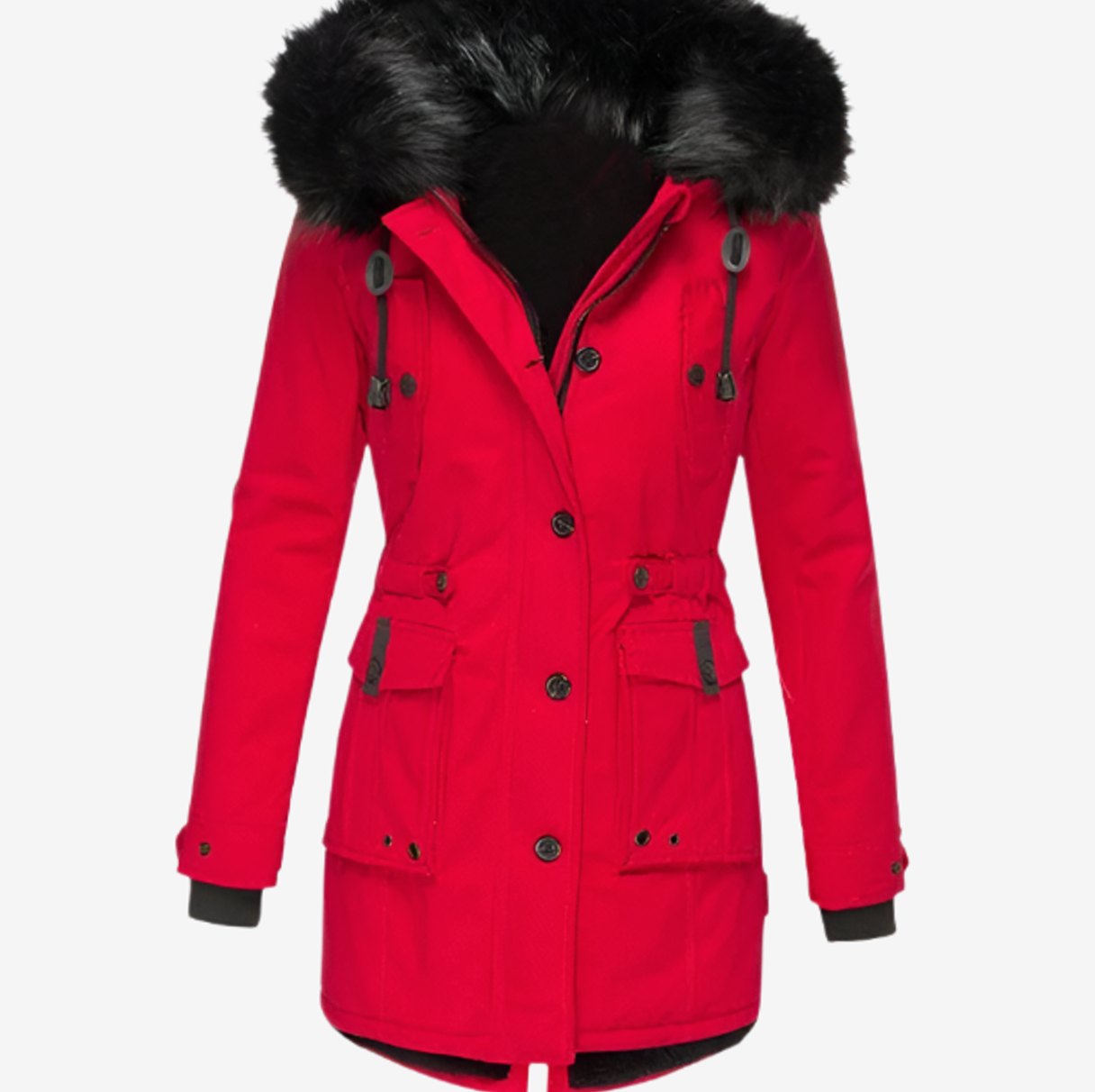 Women's Faux Fur Hooded Fitted Winter Coat Parka - Red