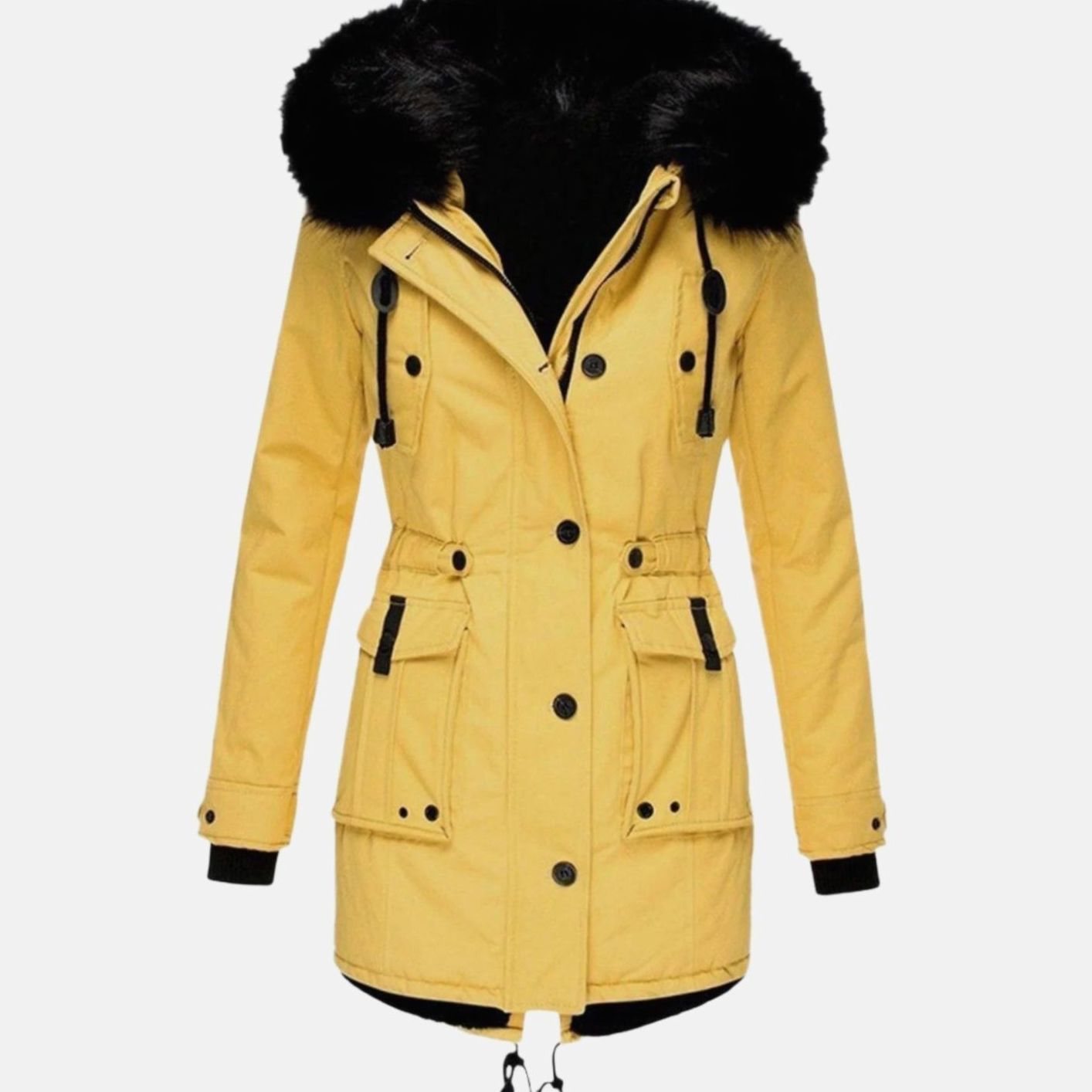 Women's Faux Fur Hooded Fitted Winter Coat Parka - Yellow