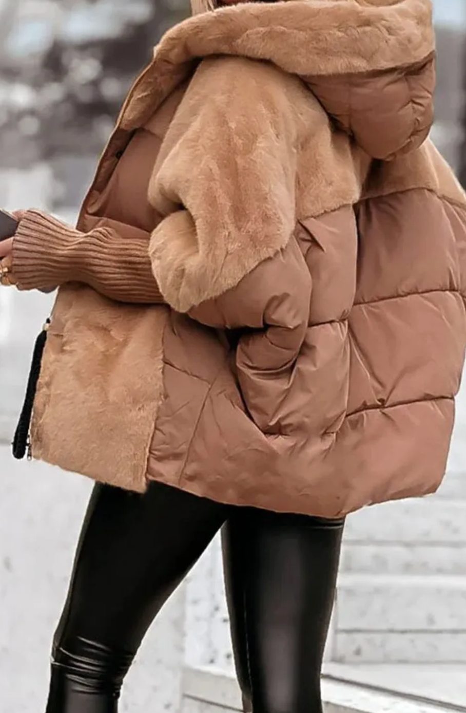Women's Faux Fur Hooded Quilted Short Puffer Jacket