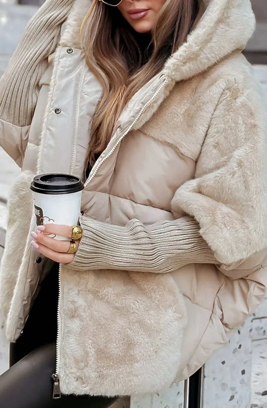 Women's Faux Fur Hooded Quilted Short Puffer Jacket - Beige